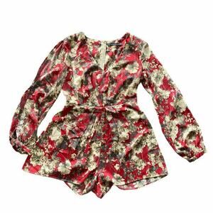 Ark & Co ivory burgundy Floral jumpsuit Sz M Long Sleeve wrap front